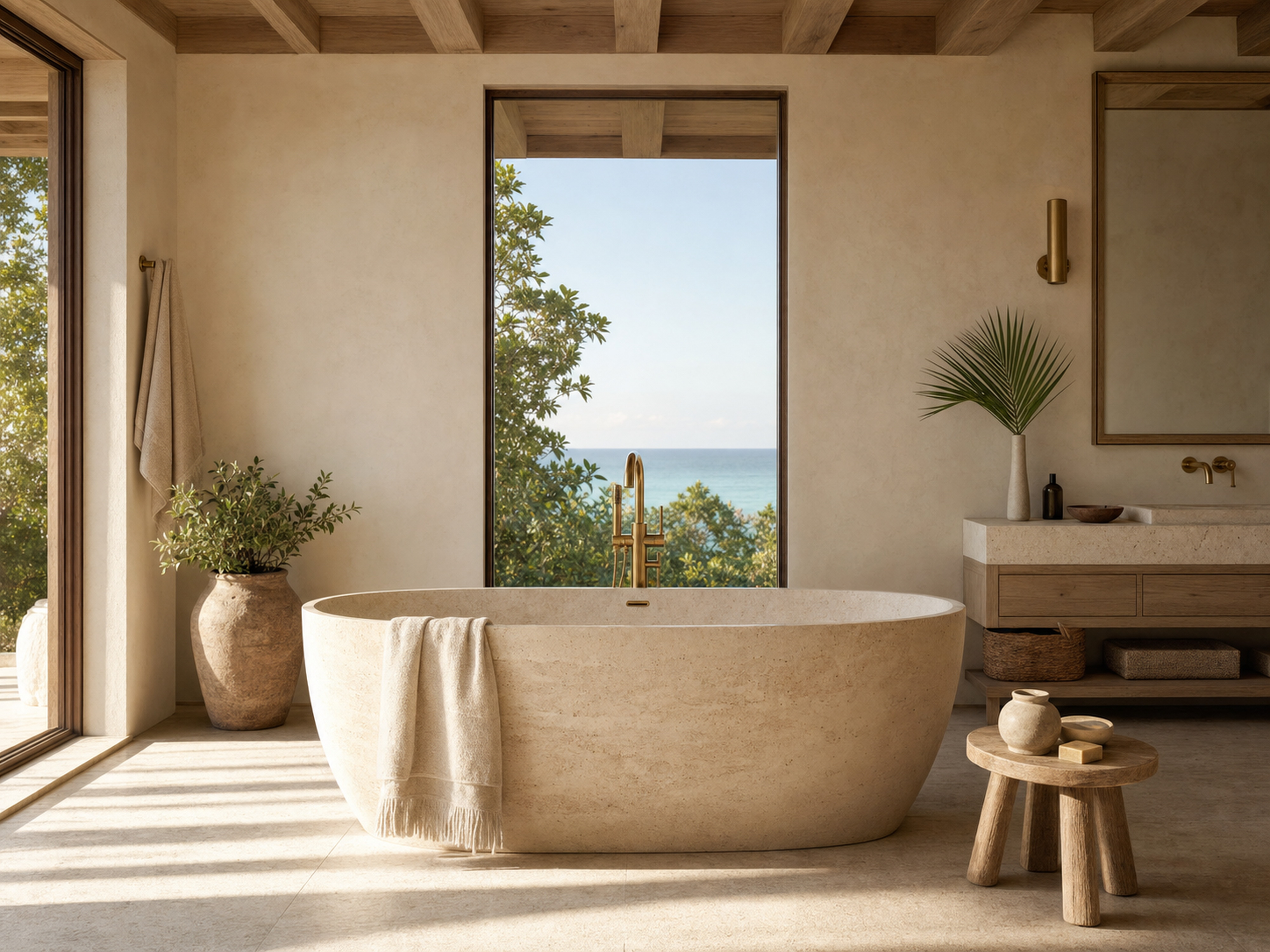 Stone bath with view to greenery and sea
