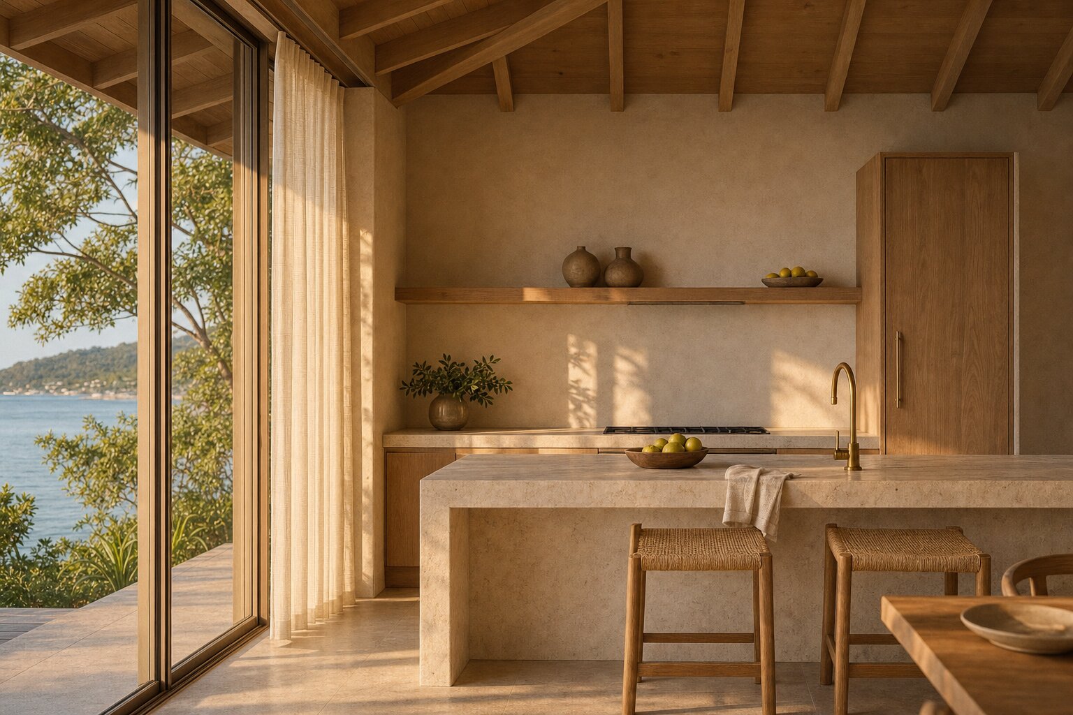 One-bedroom kitchen with stone-topped peninsula and sea view
