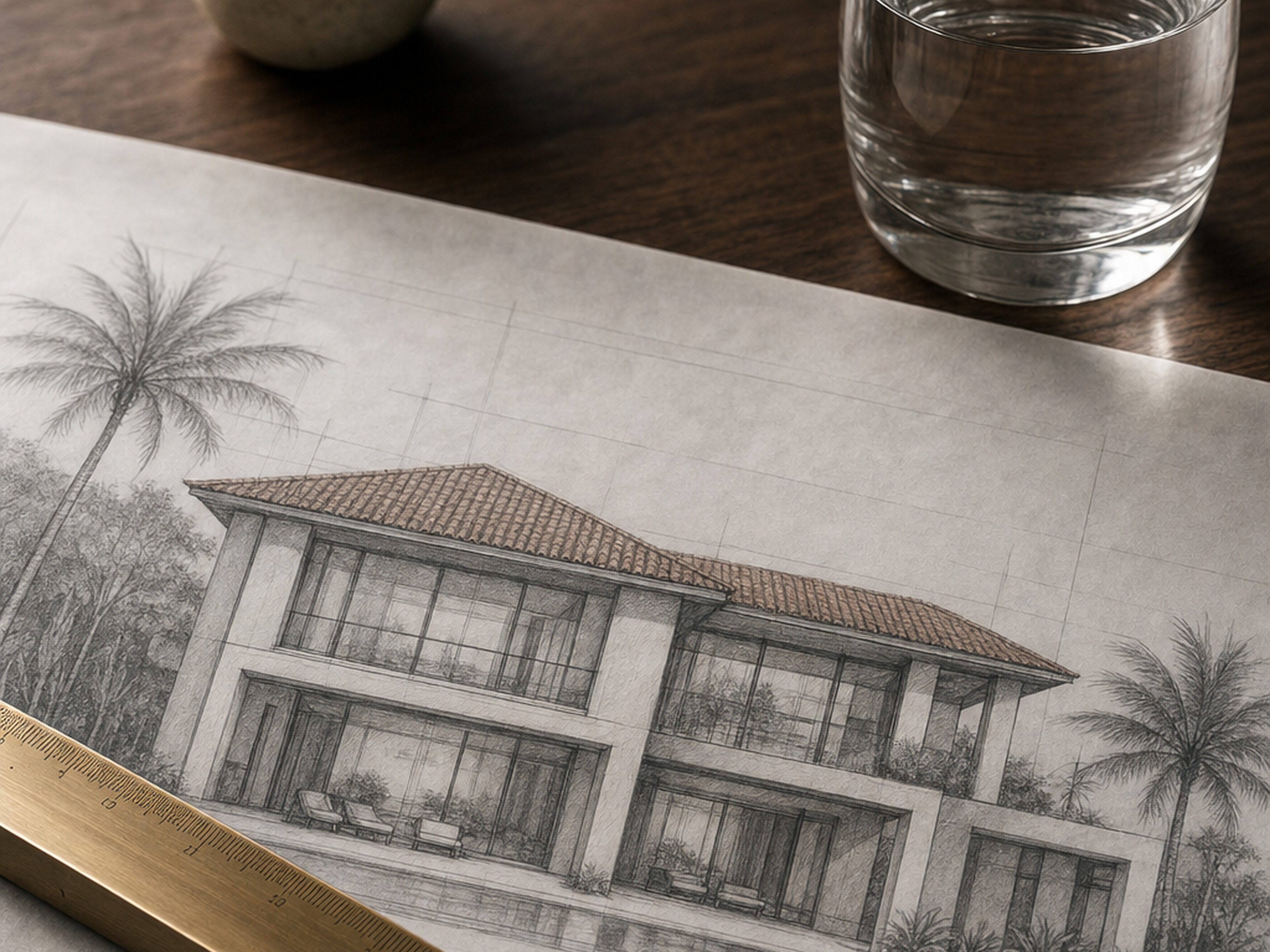 OBMI architectural elevation drawing on a warm walnut table with brass ruler