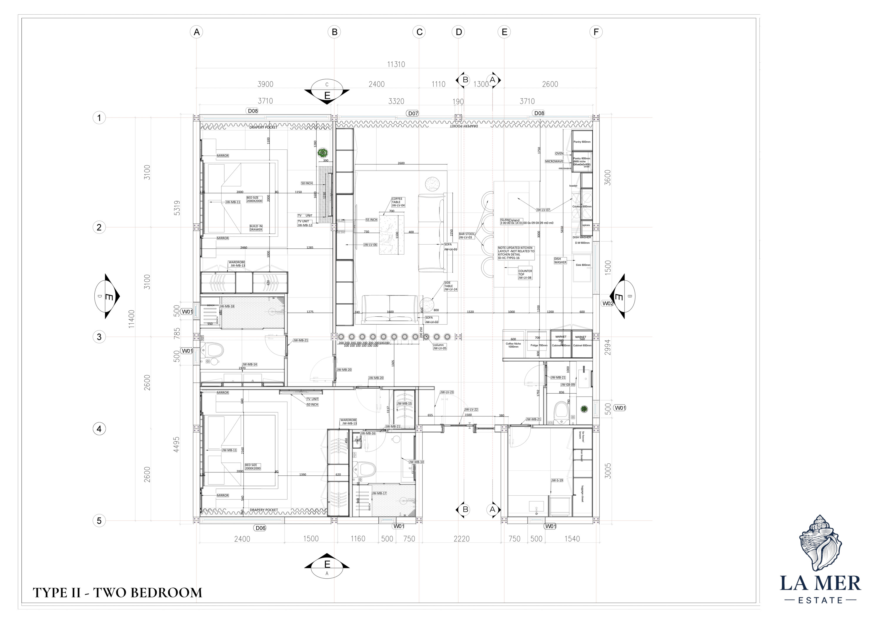 OBMI architectural floor plan — Two-Bedroom Villa, 135 sqm single floor