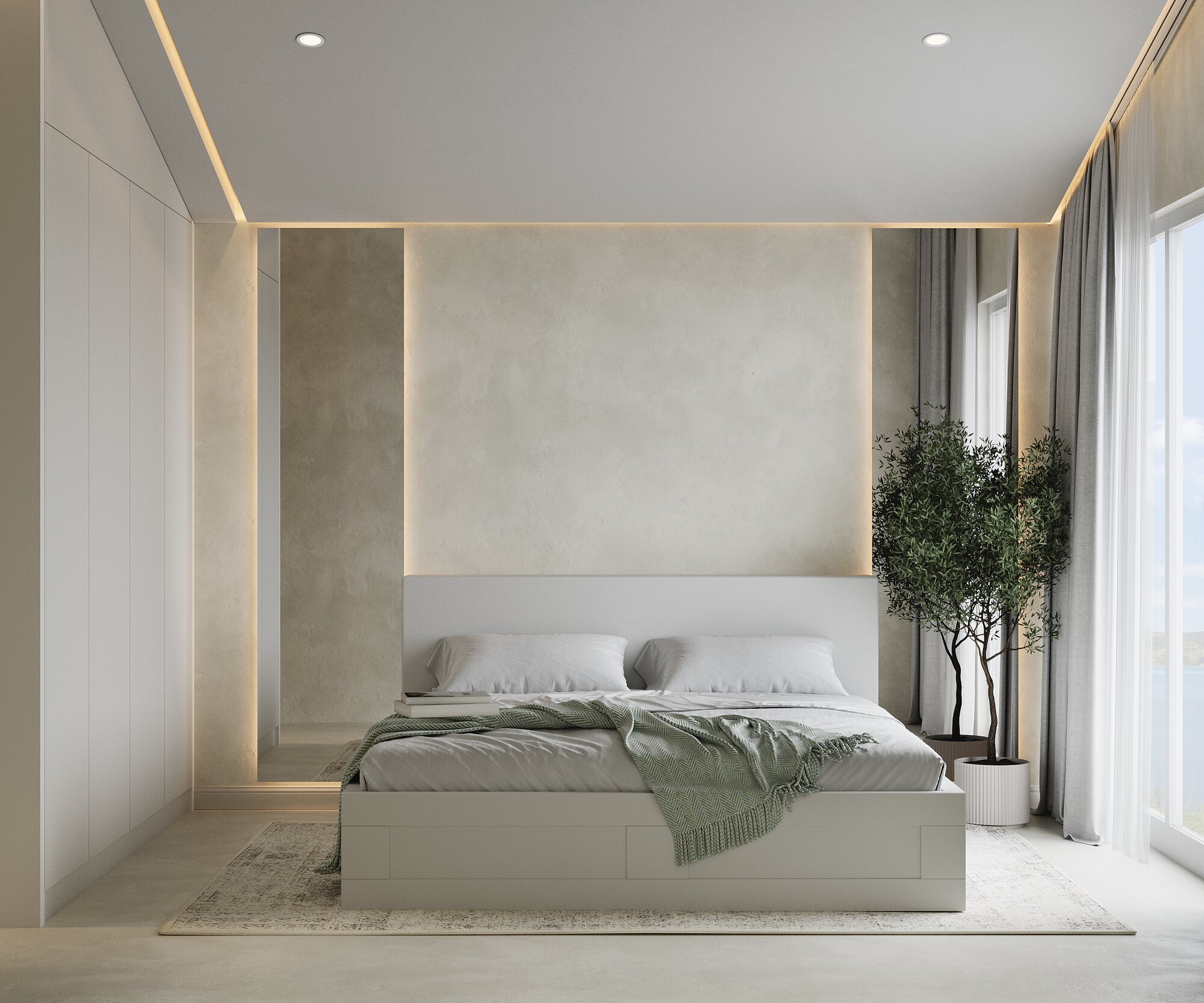 Two-bedroom primary bedroom with pitched ceiling