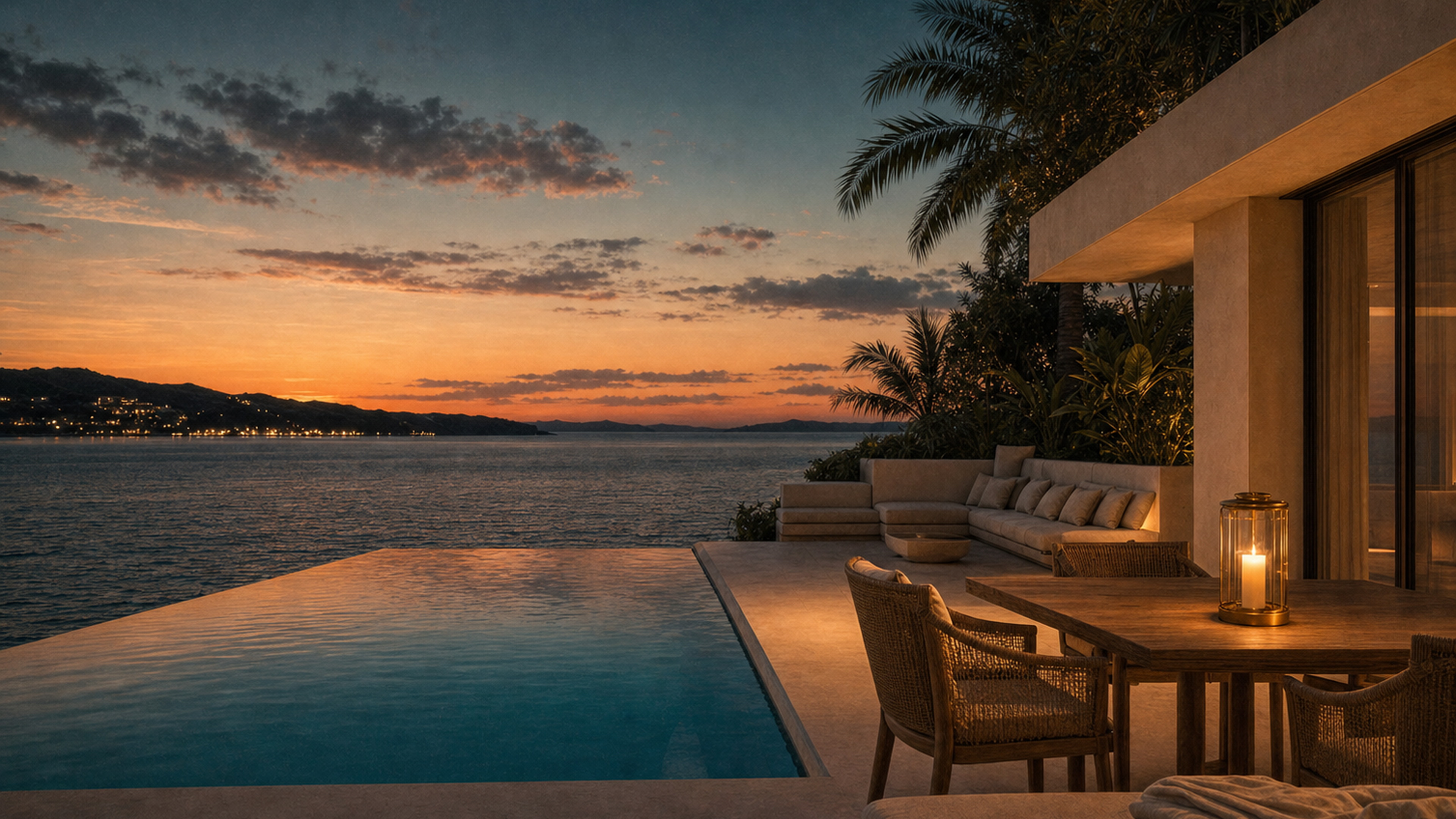 Private terrace at dusk with infinity pool reflecting the lit estate